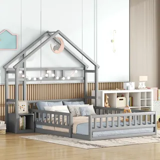 Merax Kinderbett Hausbett 140x200cm, Flachbetten mit Geländer & Lattenrost & Nachttischen, Funktionsbett mit Stauraum, Holz Baumhausbett für Mädchen & Jungen, lustiger Spielplatz, Ohne Matratze, Grau