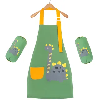Figarge Kinderschürze Verstellbar Wasserdicht Schürze Kinder Kinderschürze mit Taschen für 3-10 Jahre Junge Mädche Kochschürze Kinder für Küche Kochen Grill Backen Malerei Party(Grün Dinosaurier) - Größe: verstellbar (3-10 Jahre)
