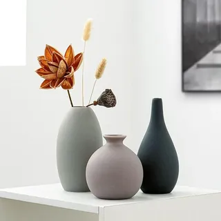 Keramikvasen 3er Set, für Wohnzimmer, 14.5x14.5 cm, 11x18.5 cm, 12x23 cm, Ton