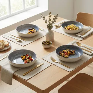 Speiseteller 4er-Set Ø22,5 x 5 cm aus robustem Steinzeug, Sandfarbe/Blau - Essteller für Hauptspeisen & Snacks. Perfekt für den modernen Esstisch