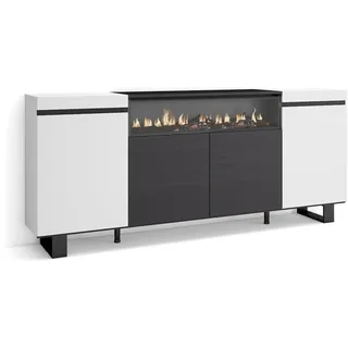 SKRAUT HOME Sideboard, Schrank, Küche, Schrank, Flurmöbel, 200x35x87cm, 4 Türen, Elektrischer Kamin, Industriedesign, Moderner Stil, Schwarz und weiß _ 58_12