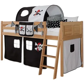 TICAA Hochbett Eric Country 90 x 200 cm inkl. Tunnel Buche massiv natur pirat-schwarz-weiß