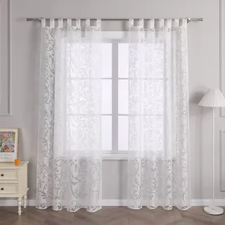 Delien Voile Ausbrenner Gardine mit Ranken Muster B140 x H260 cm, Weiß | 1 Stück,Mit Schlaufen,Transparenter Vorhang,Wohnzimmer Gardinenschals,Leicht,Luftig,Tür Fenster Dekochals,Modern Stores