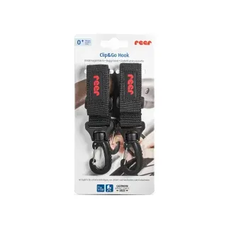 Reer Clip&Go Hook Kinderwagenhaken für einfache Befestigung von Taschen, schwarz, 84101 , 1 Packung = 2 Stück