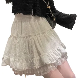 FORKIS Röcke, weißer Spitzenrock für Damen, Mädchen, Kawaii, kurzer Rock für Sommer, Fairycore-Kleidung, Lolita-Kleidung, Feenkern - M