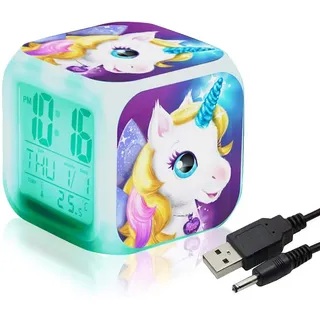 Digitaler Wecker Mit Einhorn-mädchen-motiv, Würfel-led-lcd-display Mit Leuchtfunktion