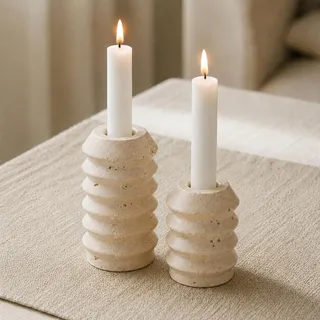 WORHE Travertin Kerzenhalter, 2 Stück Natürlichem Marmor Kerzenständer Stabkerzen, Kerzenständer für Hochzeit, Abendessen, Party für 1,9 cm Dicke Kerzen, Beige (ZT002)