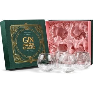 Vintage Art Deco Gerippte Gin Tonic Cocktailgläser | 4er set | 400 ml Geriffelte Kristall Gingläser für Cocktails | Geschenkset für Gin Liebhaber | Ausgefallene Bubble Gläser