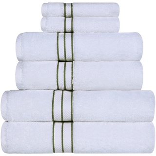 Superior - Hotelkollektion, luxuriöses Handtuchset, 100% Baumwolle, weiß/dunkelgrün, 900 Gramm, 6-teilig