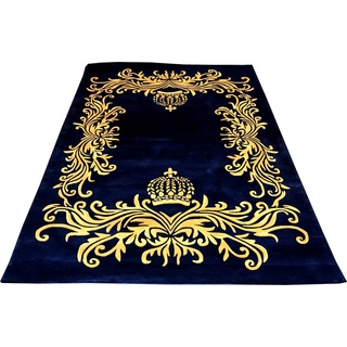 Pompöös by Casa Padrino Luxus Teppich von Harald Glööckler 80 x 150 cm Krone Royalblau / Gold  - Barock Design Teppich - Handgewebt aus Wolle