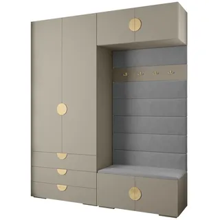 Abiks Möbel Garderoben-Set, Kaschmir, Grau, Gold, Holz, Nachbildung, 2-Sitzer, 8 Fächer, 200x236.7x47 cm, Garderobe, Garderoben-Sets & Serien, Garderoben-Sets