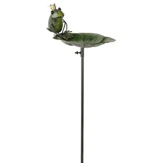finehomegarden Gartenstecker Vogeltränke Frosch auf Blatt Metall grün Ø28cm H15cm + Stab 108cm (1-St) Futterplatz Futterstation Stecker Garten / Paket grün