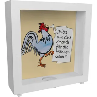 Rahmen Spardose aus Holz mit Hahn Motiv in blau zum Thema Trinkgeld und lustigem Spruch schöne Sparbüchse als Geschenk für Sparfüchse die Hühner mögen und eine Hühnerschar auf dem