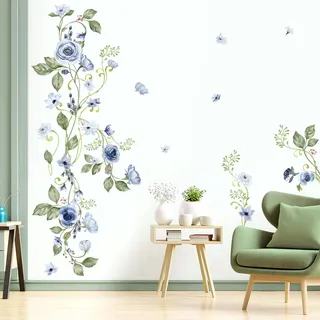 decalmile Wandsticker Hängende Rosen Blau Wandtattoo Rebe Blätter Mädchen