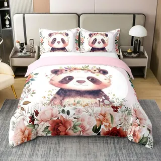 Loussiesd Kinder Niedlich Panda Baumwolle Bettwäsche Set 135x200cm Jungs Mädchen Cartoon Tier Betten Set Blume Floral Drucken Bettbezug Set Bauernhof Zoo Pandabär Druckened Bettdeckenbezug
