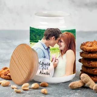 Sunnywall personalisierbare Vorratsdose mit Text Foto – Keramik mit Echtholzdeckel 700 ml. Keksdose inkl. gratis Geschenkkarte - Geschenkidee für Kekse Keramikdose mit Holzdeckel