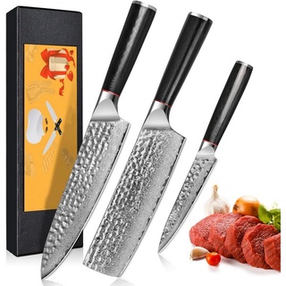 KEENZO Messer-Set 3tlg.Damaststahl Küchenmesser Set Hammerschlagoberfläche Damastmesser (3-tlg) schwarz