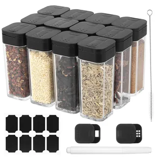 12 Stk Gewürzgläser Eckig Set,50ml Gewürzdosen Luftdicht,Gewürzgläser mit Streueinsatz, Gewürzstreuer Groß, Gewurzglaserset mit Deckel, Küchen Organizer Gewürzbehälter mit Etiketten/Stifte/bürste
