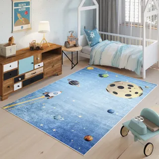 TAPISO Emma Teppich Waschbar bei 30 Grad Rakete Weltraum Planeten bedruckter Kinderteppich Antirutsch Kinderzimmer Jugendzimmer Modern ÖKO-TEX 120 x 170 cm