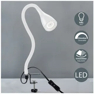 B.K.Licht Tischleuchte LED Klemmleuchte dimmbar flexibel GU10 5W Büro Schreibtisch - BKL1079, LED wechselbar, 3000K - Warmweiß, Tischlampe schwarz Schnurschalter 60cm Leselampe Arbeitszimmer Regal weiß