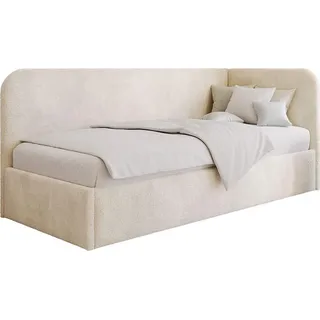 Moebelpaket Bett 90x200 cm, Polsterbett mit Stauraum und Gasdruckfedern, Modern Einzelbett, Kollektion Mario, Rechte Ausführung, - Beige