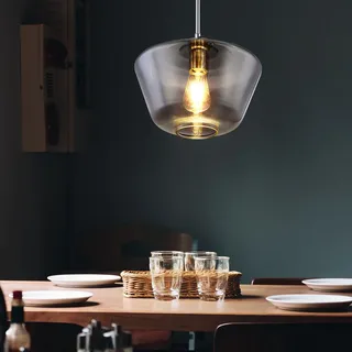 Hängeleuchte Glas rund Deckenlampe Rauchglas grau Pendelleuchte Einflammig Glas, in chrom mit Textilkabel, 1x E27, DxH 30x120 cm