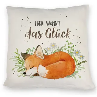 speecheese Dekokissen Hier wohnt das Glück Kissen mit Fuchs im Aquarell-Stil