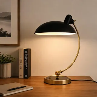 Alpinaluz Tischleuchte Bauhaus E27 Schwarz und Messing | Ganz aus Metall, verstellbarer Arm und drehbarer Schirm, Schalter am Sockel, für Büro, Lesen oder Nachttisch
