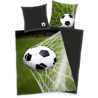 Herding Young Collection Bettwäsche Fußball 70x90cm, 140x200cm - schwarz|weiß|grün - 70x90/140x200cm