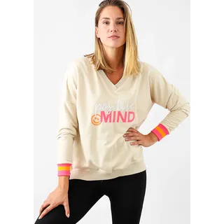 Sweatshirt ZWILLINGSHERZ Gr. L/XL, beige Damen Sweatshirts mit V-Ausschnitt und Aufdruck in Neonfarben