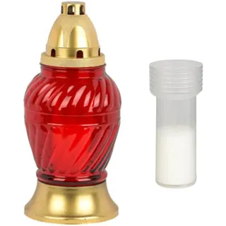 Grablaterne Öllampe Dauerbrenner Trauerlicht Glas Kunststoff rot 21,5 cm hoch (rot + 1 Kerze)