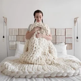 RAILONCH Gestrickte Grobstrick Decke Grob Strickdecke Handgefertigt Überwurf Decke Zuhause Sofa Wohnkultur Schlafsofa Bettdecke Geschenk (Weiß,50x50cm)