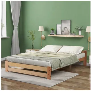 OKWISH Bett Holzbett Kinderbett (mit Kopfteil und Lattenrost 140x200 cm), Ohne Matratze beige