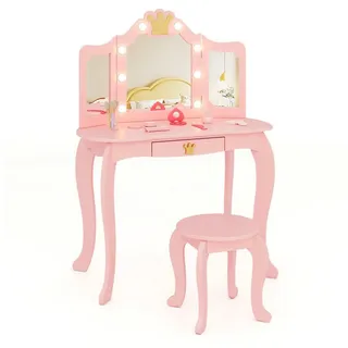 COSTWAY Schminktisch Kinderschminktisch mit Hocker, mit LED Beleuchtung rosa