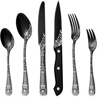 Besteck Set Schwarz für 6 Personen, HONKKU 36-teiliges Edelstahl Besteckset mit Steakmessern, Essbesteck Set Spiegel Polierter mit Blumenmustern, Gabel Löffel Messer Set Geschirrspüler Safe
