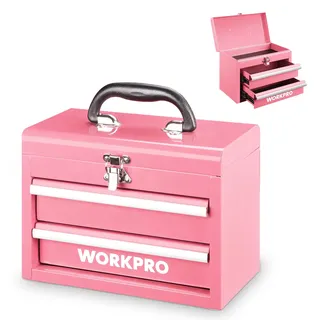 WORKPRO Metall Schubladenbox mit 2 Schubladen & Oberer Stauraum Rosa, 27,5x15x20,8cm Tisch Organizer mit Schubladen & Griff für Büro Umkleidekabine und Schreibtisch, Tragbarer Werkzeugkasten