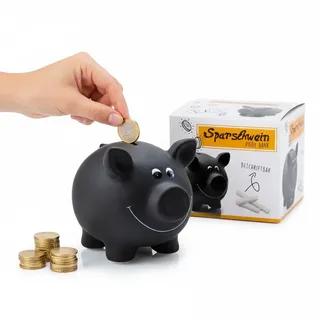 1x Sparschwein aus Keramik, Schwarz | Tafellack zum Beschriften inkl. Schloss & Schlüssel | Maße: ca. 17,5 x 13,5 x 14,4 cm | Geschenkidee für Sparfüchse jedes Alters