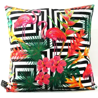 Casa Padrino Luxus Kissen Miami Flamingos & Flowers Mehrfarbig 45 x 45 cm - Feinster Samtstoff - Deko Wohnzimmer Kissen