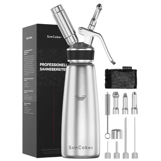 SimCoker Sahnespender 500 ml aus Edelstahl, 3 Tüllen, 4 Füllnadeln, Silber | Robuster Edelstahl für Schlagsahne und Desserts; 3 Tüllen, 4 Füllnadeln, Bürste und Beutel. Sahnekapseln nicht enthalten.