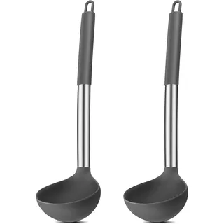Suppenkelle, Joyfair 2-teiliges Silikon Schöpfkelle Set, Hitzebeständigkeit Schöpflöffel mit Griff aus Edelstahl, 30cm Groß Soßenlöffel zum Kochen/Rühren/Servieren, Gesund & Antihaft - Grau