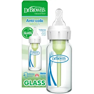 Dr. Brown's Anti-Kollik Options+ Schmale Glas-Babyflasche mit Level 1 Langsamem Durchfluss-Sauger, BPA-frei, 120 ml/4 oz, ab 0 Monaten, 1-Pack (Verpackung kann variieren)