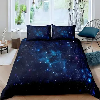 Bettwäsche 200x220 Blaues Galaxie-Design Jugend, Sternenhimmel Deko Weltraum Bettwäsche-Sets aus Weiche Atmungsaktiv Microfaser, Bettbezug 200x220 und 2 Kissenbezüge 80x80 cm für Doppelbett, Z13