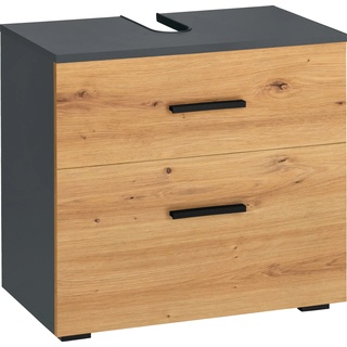 Waschbeckenunterschrank INOSIGN "Skara" Schränke Gr. B/H/T: 60 cm x 55 cm x 35 cm, grau (anthrazit, artisan eichefarben) Bad-Waschbecken-Unterschränke mit Klappe und Schubkasten, schwarze Griffe, Breite 60 cm, Höhe 55 cm