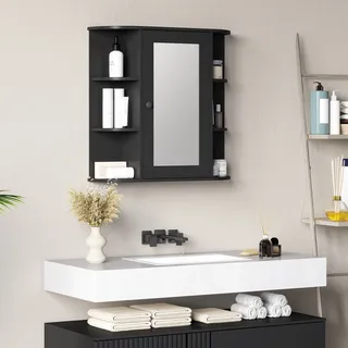 Badezimmerspiegel Mit 6 Offenen Und 2 Geschlossenen Ablagen, Aus Holz Und Glas, 66 X 17 X 63 Cm, Schwarz