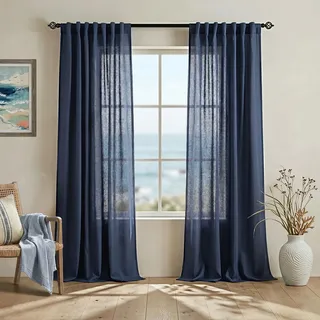 Mrs.Naturall Marineblaue Leinen-Vorhänge, 213 cm Länge, 2 Paneele, mit Schlaufenstangentasche hinten, dunkelblau, Bauernhaus-Boho-Vorhang, Fenstervorhänge, 213 cm lang, für Wohnzimmer, Jungenzimmer,