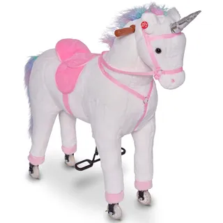 Pink Papaya XXL Reitpferd auf Rollen Einhorn Rainbow, 90cm Spielpferd, fahrendes Schaukelpferd bis 80kg belastbar, Spielzeug Plüsch Pferd zum Drauf sitzen mit Sounds