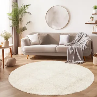 SIMPEX Shaggy Hochflor Teppich, 80 cm Rund, Creme, weich, flauschig, modern, einfarbig, Für Eingangsbereich oder kleine Nischen, für Wohnzimmer Schlafzimmer Flur
