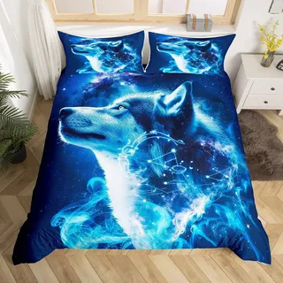 Homewish Blauer Wolf Bettbezug 135x200 für Mädchen Jungen Erwachsene,Galaxy Constellation Bettwäsche Set Schlafzimmer Dekor,Safari Wildlife Tröster Abdeckung Exotische Bohemian Stil Bett Set