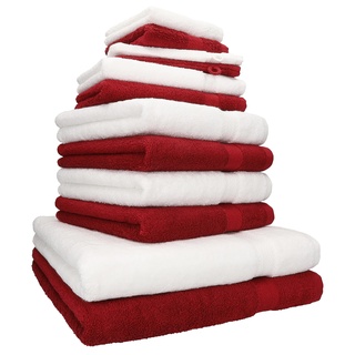 Betz 12-TLG. Handtuch Set Premium 100% Baumwolle 2 Duschtücher 4 Handtücher 2 Gästetücher 2 Seiftücher 2 Waschhandschuhe Farbe weiß/rubinrot