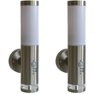 2x LISA Edelstahl-LED-Außen-Wand-Fackel-Leuchte-Lampe, Hauptlicht E27 Max. 40W, Grundlichtring 12 festgebaute LEDs, Bewegungsmelder, Dämmerungssensor, H:37,5 cm, D: 7,6 cm, Kunsstoffglas, IP44